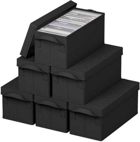 Lifewit 6 Pack CD Storage Boxes with Handles, Stackable CD Case Organizer with Lid, Foldable Record Storage Container Holds up to 30 CDs, Black