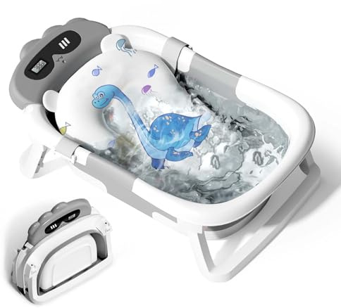 Baby Bath Tub Toddler Bath Tubs with Thermometer, Collapsible Bathtub Baby Essentials for Newborn Portable Travel Bath with Soft Cushion Seat Mat for Infant Grey Dinosaurs