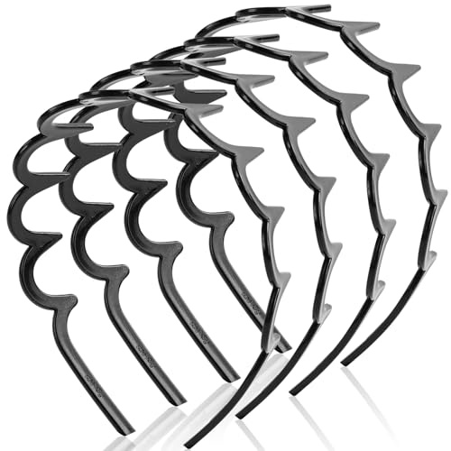 LOPHE Fasce per Capelli Zig Zag, 4 Pezzi Fascia Ondulata in Plastica, Antiscivolo Cerchietto con Denti di Squalo, Unisex, Accessori per Cerchietti Alla Moda Sportiva per Yoga,Sport(Nero)