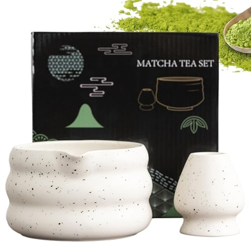 BAIFULAI Tazón de matcha de 2 piezas, cuenco de matcha con soporte para batidores y boquilla, juego de té japonés, cuenco de matcha japonés, accesorio para ceremonia matcha, color blanco