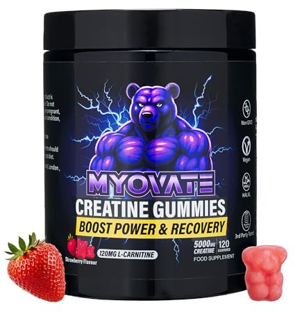 MYOVATE - 120 Creatine Gummies 5000mg with L Carnitine - Boosts Muscle Growth, Strength, Power, Endurance, Reduces Fat, Enhances Recovery, Vegan, Halal, Non-GMO, Strawberry Flavour