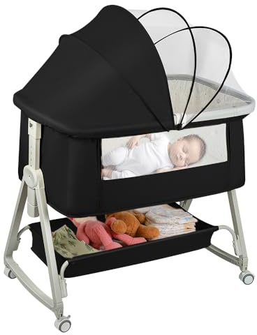 OHMG Beistellbett,Babybett,Babywiege,3 in 1 Babybett Babywiege für Neugeborene,Schaukelbettchen für Zuhause und Unterwegs mit Rädern verstellbare 6 Höhen (schwarz（50 * 91 * 68-81cm）)