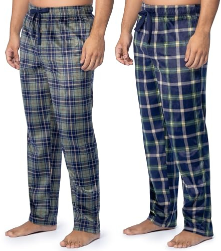 Fruit of the Loom Men's Microsuede Fleece Sleep Pajama Pants, 2-Pack, Navy/Green Plaid, Small