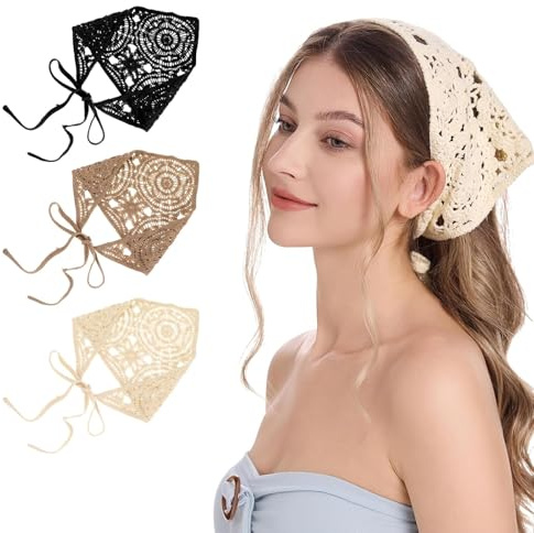 ADUDVLO 3 PCS Crochet Hair Bandana Vintage Knotted Headscarf Floral Headband Knitted Head Kerchief Accessories for Women Girls
