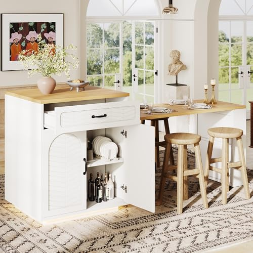 SACOOL Isola da cucina/armadietto da cucina/armadio da buffet/tavolo da bar con luce a LED, carrello da portata fisso, con tavolo allungabile, 2 cassetti, 4 ante, nero/bianco