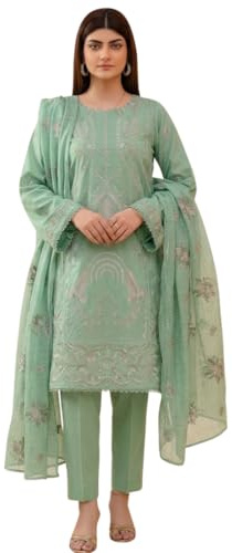 HOORE LONDON Women's 3-Piece Stitched Mint Green Lawn Suit | Embroidered Floral Kurta, Dupatta & Trousers Set For Summer & Eid (UK, Alpha, S, Regular, Regular)