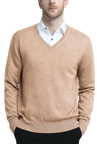Kallspin Men’s Wool Blend Jumper Sweater V Neck Long Sleeve Knit Pullover Smart Casual Knitwear(Coffee, L)