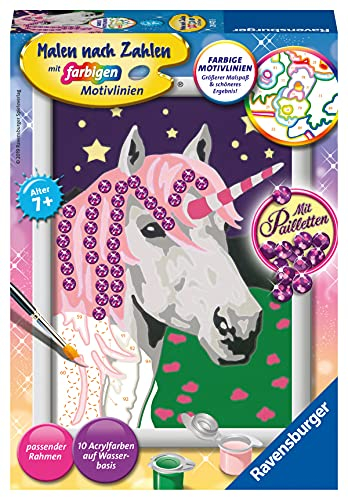 Ravensburger CreArt 28473 - Einhorn - Malen nach Zahlen für Kinder ab 7 Jahre, Malset mit Rahmen, Pinsel und Acrylfarben, Geschenk für Mädchen und Jungen, mit Pailletten