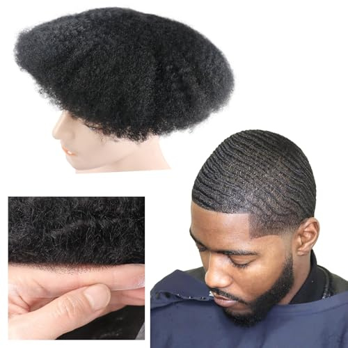 lumeng Afro Toupee for Men Male Wave Hair Unit Black Mans Wigs Curly Toupee 100% Human Hair African American HD Lace Wave Hairpiece 6MM Weave 360 Replacement Systems 8x10inch 1# Jet Black