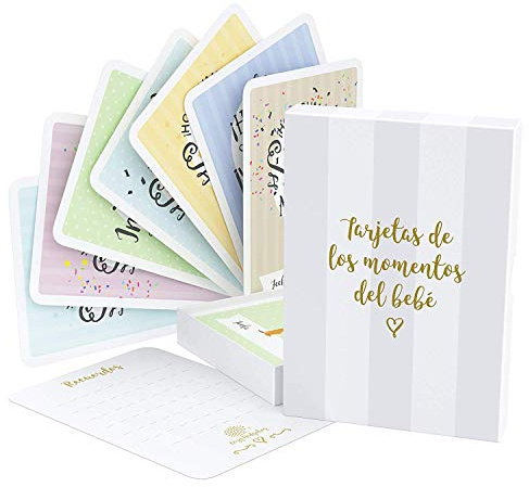 Tarjetas de Etapas del Bebé y Caja de Recuerdos, 40 Tarjetas de Fotos de Momentos Especiales Unisex, con los Logros de Edades Claves y Embarazo, el Regalo Ideal para la Futura Mamá (Español)