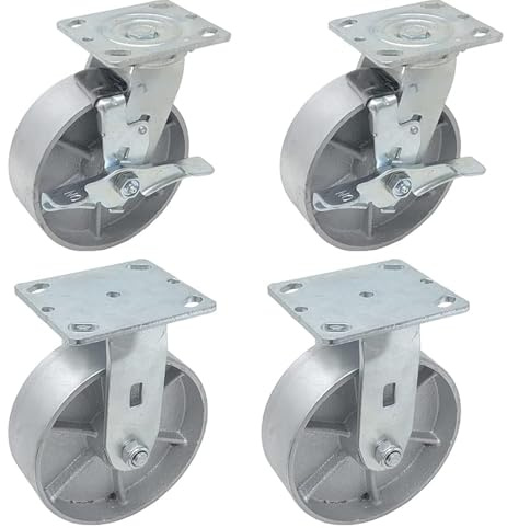 IconCasterWheels 4 rotelle per carichi pesanti in acciaio, 15,2 x 5,1 cm, 4 pezzi, 2 ruote girevoli con freno di stazionamento e 2 ruote superiori rigide, piastra superiore 10,2 x 11,4 cm, portata 2,2