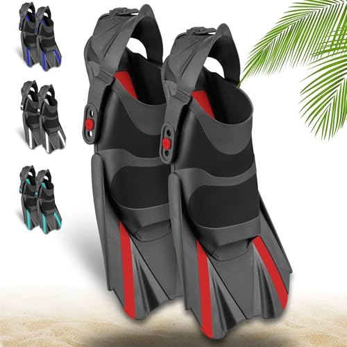 Khroom Aletas de esnórquel Ajustables Cortas con Bolsillo para Colgar Tallas 36 – 47, Aletas Cortas para Nadar Adultos, Mujeres y Hombres, Aletas de Buceo, Entrenamiento de natación (36-41 Rojo)