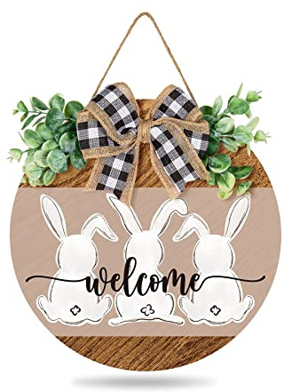 Whaline Easter Wooden Hanging Sign Bunny Rabbit Welcome Sign Door Decoration with Bow Rustic Easter Wood Wreath Sign for Spring Holiday Home Coffee Shop Bakery Farmhouse Window