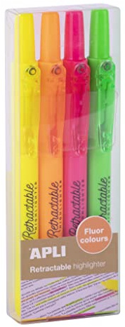 APLI 18932 - Pack de 4 subrayadores retractables de punta biselada, marcadores colores flúor