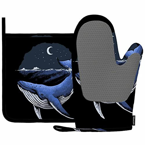 Mxocom Blue Whale Oven Mitts and Pot Holders Sets Big Fish Animal Aquatic Art Artwork Cool Design Marine Ocean Nature Silicone Heat Resistant Kitchen Oven Gloves Pot Holder for Cooking
