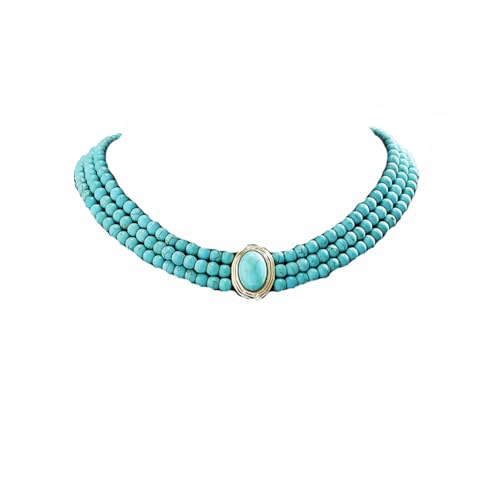 Carufin Collar con perlas turquesas de múltiples hilos, joyería hecha a mano, para mujeres y niñas, talla única, en metal