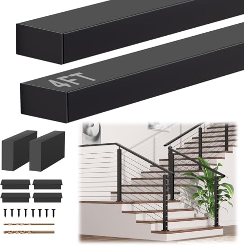 Gyykzz 4FT Black Handrail with POM Connector Block, 2 Pack Stainless Steel T304 Rectangular Flat Top Hand Rail, Stair Cable Deck Handrails for Indoor Outdoor Cable Railing System DIY Balustrade