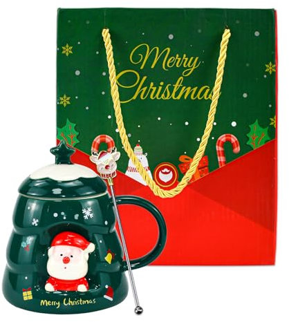 CAREDGO Tazza Natalizia in Ceramica 450ml Tazze Albero di Natale Tazzina Regalo Natalizio Tazze Colazione Natalizie con Coperchio Cucchiaio per Regalo Natale Compleanno (Verde)