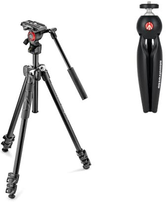 Manfrotto 290 Light Tripod Kit con Rótula Fluida para Vídeo y Minitrípode para Cámara PIXI, para DSLR, Cámara de Sistema Compacta, Sin Espejo, Videografía, Negro