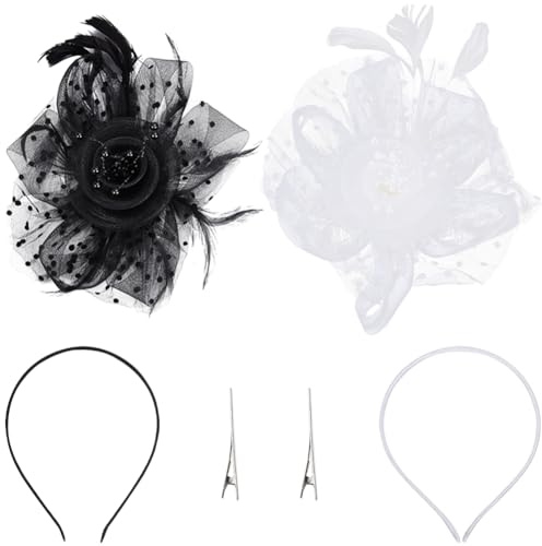 GORGECRAFT 2 Set Fascinator Velo di Maglia Cappello Nero Fascia per Capelli Fiore Bianco Nastri Piccolo Cappello A Scatola di Pillole Copricapo Piume Clip Fascinator retrò Vintage per Donne Trucco
