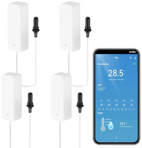 Smart termometer, hygrometer med sond, WiFi-akvariums temperatur- och fuktighetsmätare med app för fjärrövervakning, inomhus kylskåps termometersensor, datalagring & export, kompatibel med Alexa. 4