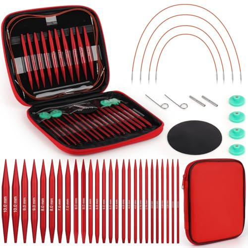 Coopay 13 Paia Ferri Circolari Intercambiabili da 3,0 a 10,0 mm, Ferri da Maglia in Alluminio, Punta dell'Ago Liscia, Ferri Circolari per Vestiti per Bambini, Maglioni, Sciarpe - Rosso Opaco