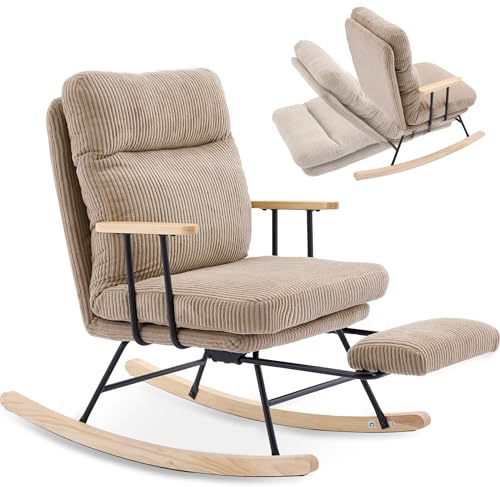 SEEDWAVE Schaukelstuhl aus Cord mit Verstellbarer Rückenlehne (bis 180°) und Fußstütze, Massiveholz-Armlehnen, Lesesessel Schaukelsessel für Schlafzimmer, Wohnzimmer, Tragfähigkeit 136 kg