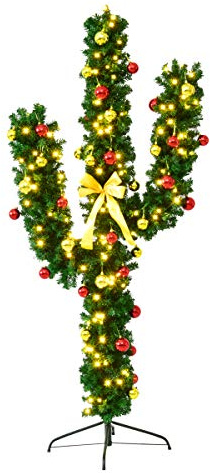 Goplus 6ft Pre-Lit Cactus Christmas Tree with 48 Xmas Balls, Bow