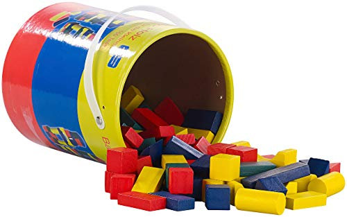 Playtastic Bauklötze Eimer: Holzbausteine im Aufbewahrungs-Eimer, 100 Stück, 4 Farben, 6 Formen (Bausteine, Kinder-Spielsachen, Farbe)