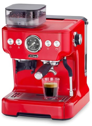 Trisa Barista Plus Siebträgermaschine mit Mahlwerk, 20 Bar Espressomaschine & Dualboiler, 2,7L Wassertank, Kaffeemaschine mit Milchaufschäumer & Manometer Rot