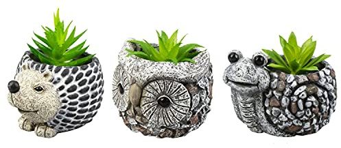 ROWAN 3Pcs Artificial Plants in Cute Animal Planters | Animal Planters Snail, Hedgehog & Owl Flower Pot | Perfect for Home Office Indoor Outdoor Window Garden Decoration