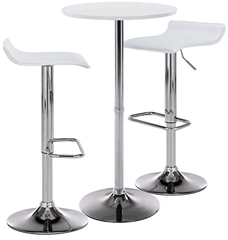 CLP Set De Mesa & 2 Taburetes De Bar Esberg De Altura Regulable I Conjunto De Muebles En Polipiel, Madera & Base Metálica, Color:Blanco
