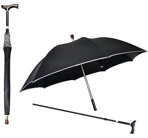 Canne de Marche 2 en 1 Parapluie Hauteur Réglable, Bâton Multifonction Antidérapant et Coupe-Vent, Noir, 87-96cm