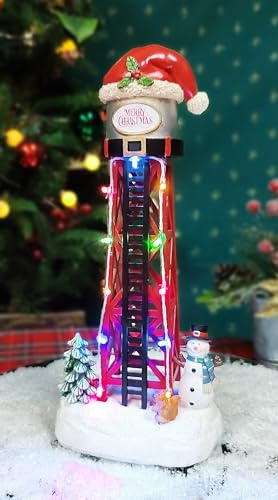 MOMENTS IN TIME Water Tower Christmas Village 12”H LED Decoration with Santa Hat Lighted Holiday Tabletop Decor Battery Operated Christmas Scene with Snowman Tree