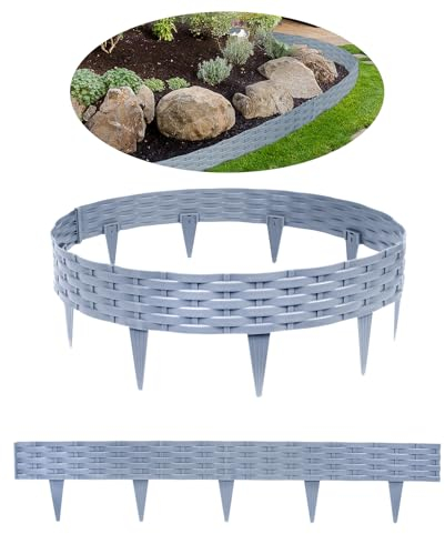 HENGMEI Rasenkanten Kunststoff Beetumrandungen 30m Beetumrandung Gartenpalisade Mähkante 30 stücke Rattan-Optik Randsteine Palisaden Gartenzaun, Grau