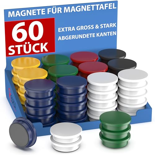 REORDA® Magnete für Magnettafel stark - 60x für Whiteboard, Pinnwand, als Kühlschrank Magnete & Tafelmagnete stark haftend, Magnete rund - Bunt