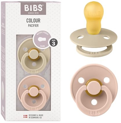 BIBS Colour Soother 2-Pack, BPA Free Dummy Pacifier, Round Nipple. Natural Rubber Latex, Made in Denmark, Size 3 (18+ Months), Vanilla/Blush