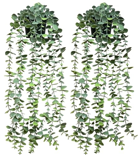 Gigtoop 2 pack Artificial Hanging Plant,Artificial Plant Eucalyptus,Greenery Faux Fake Ivy Decor, Fake Ivy Potted Plants for Indoor Outdoor Home Decor Wall Room Patio Office Table Shelf