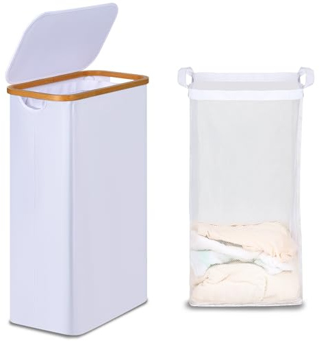 efluky Tvättkorg med lock 75 l, smal tvättkorg med tvättbar innerficka, vit tvättbehållare med bambumedtag, vikbara tvättkorgar för tvättstuga, sovrum, badrum