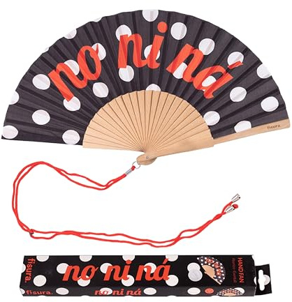 Fisura – Ventaglio in legno a pois con messaggio “no ni ná”. Accessorio elegante e vivace, ventaglio a mano bianco e nero con pratico gancio. Dimensioni: 42,5 x 23 cm