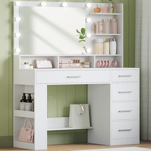 Hzuaneri 108 cm Coiffeuse avec Grand Miroir HD, Coiffeuse avec Éclairage LED, 6 Compartiments Ouverts, 5 Tiroirs Et Rangement Latéral Ouvert, Dressing de Chambre, Simple, Blanc DT42603XEU