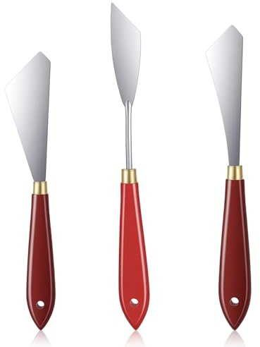 Guduling Set di 3 coltelli da pittura, spatola per pittura, in acciaio inox, per colori acrilici, spatola per pittura a olio, coltello per pallet con manico in legno per pittura a olio, tela, pittura