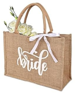 Hbzunt Bride Jute bärväska, jute tygväska med bokstäver bride och vitt band, strandväska, jutepåse tryckt för bröllop, fester, bröllop brudfest förlovning smekmånad
