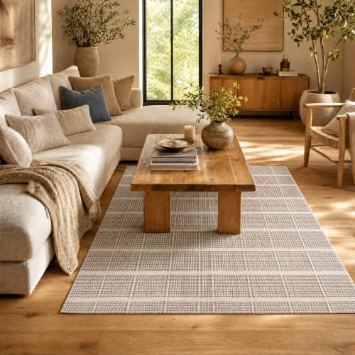 INDE MOBLEKIT | Alfombra de Algodón 120x170 cm Beige a Rayas, Alfombra de Salón y Dormitorio, Tejido Suave 100% Algodón, Certificación Oeko-Tex Standard 100, Estilo Nórdico