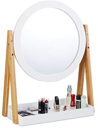 Relaxdays Kosmetikspiegel, schwenkbar, mit Ablage für Make Up, Kosmetik, Tischspiegel ∅ 32,5 cm, Bambus, MDF, weiß-Natur