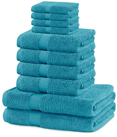 DecoKing 10er Set Baumwolle Qualität 525g/m² 4 Gästehandtücher 30x50 cm 4 Handtücher 50x100 cm und 2 Badetücher 70x140 cm türkis saugfähig Marina