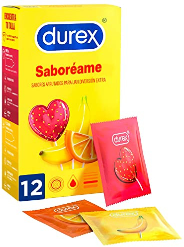 Durex - „Saboreame“-Kondome mit fruchtigen Geschmacksrichtungen - Erdbeere, Banane, Orange und Apfel - 12 Kondome