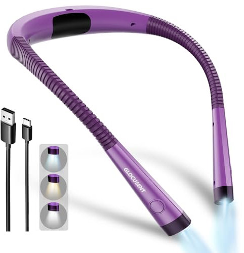 Glocusent Leselampe Hals, Leselampe Bett mit 3 Farben & 6 Helliggkeitsstufen, Buchlampe Wiederaufladbar 80 Stunden Dauer, Biegbare Arme, Leselicht Halslampe für Lesen Stricken Häkeln Nähen Reparieren