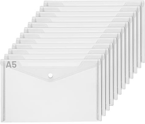 Dokumententaschen A5，LALAGO 12 Stück A5 Transparent Dokumentenmappe mit Druckknopf,A5 Transparent Dokumentenmappe Brieftaschen für Datei,Papier,Quittungen,Hausaufgaben, Schulbüro