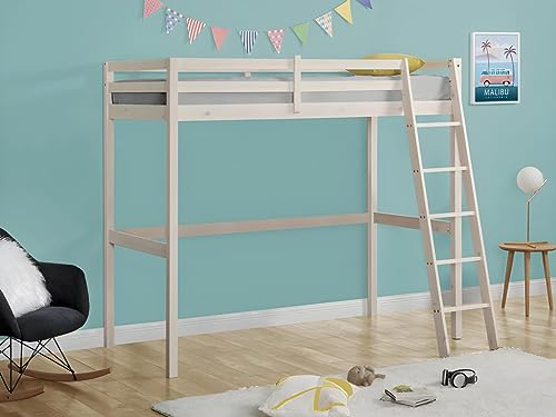 Vente-unique - Cama entrepiso Gedeon II - 90 x 190 cm - Pino Macizo - Blanqueado